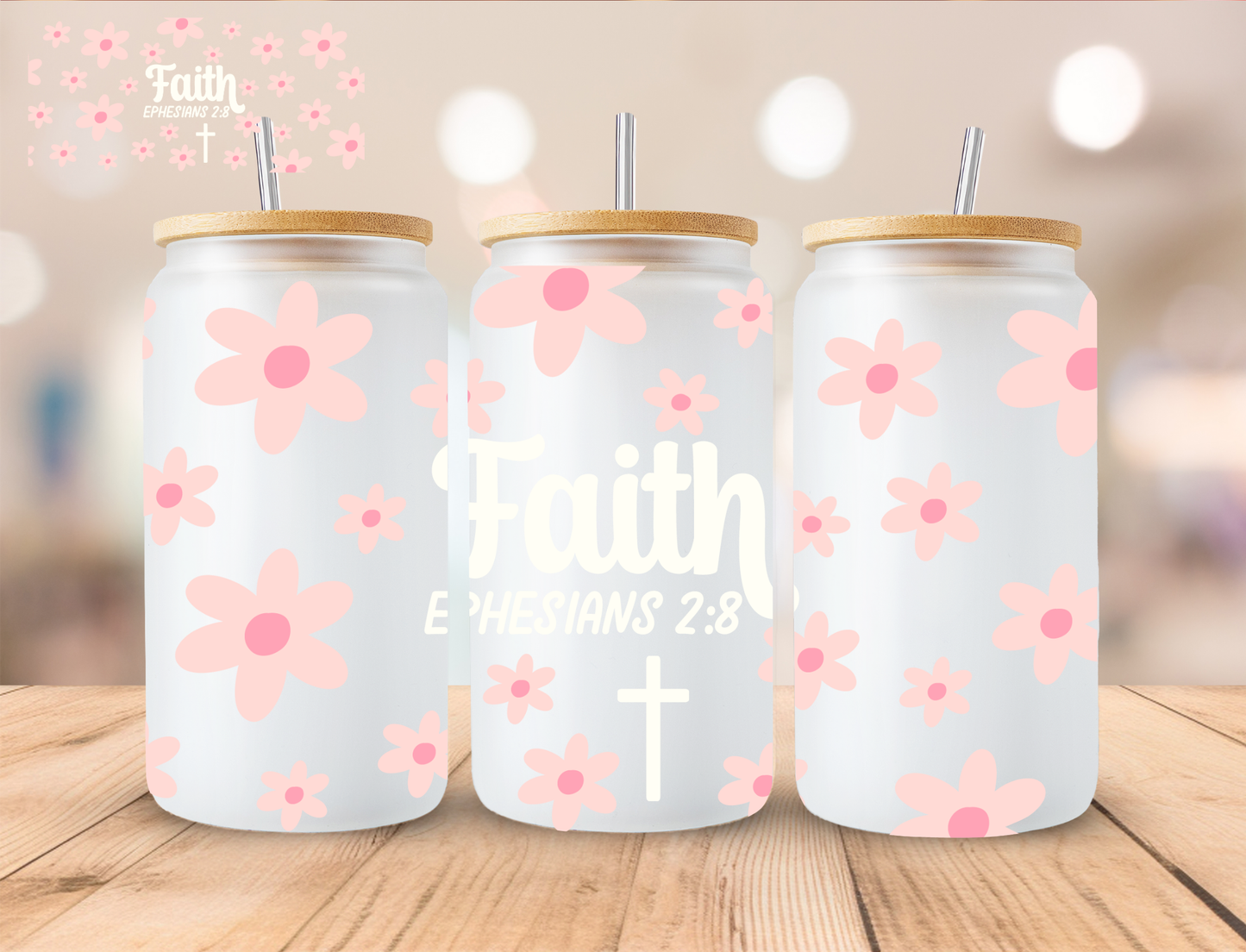 Faith Ephesians 2:8 (White) - 16 oz / 20 oz Libby UV DTF Wrap