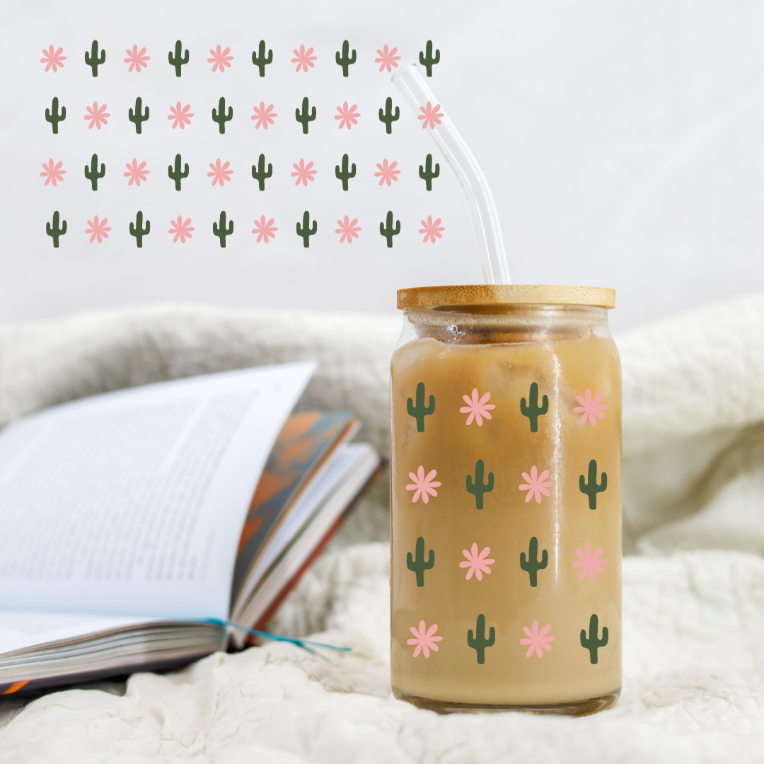 Cactus And Flower - 16 oz Libby UV DTF Wrap