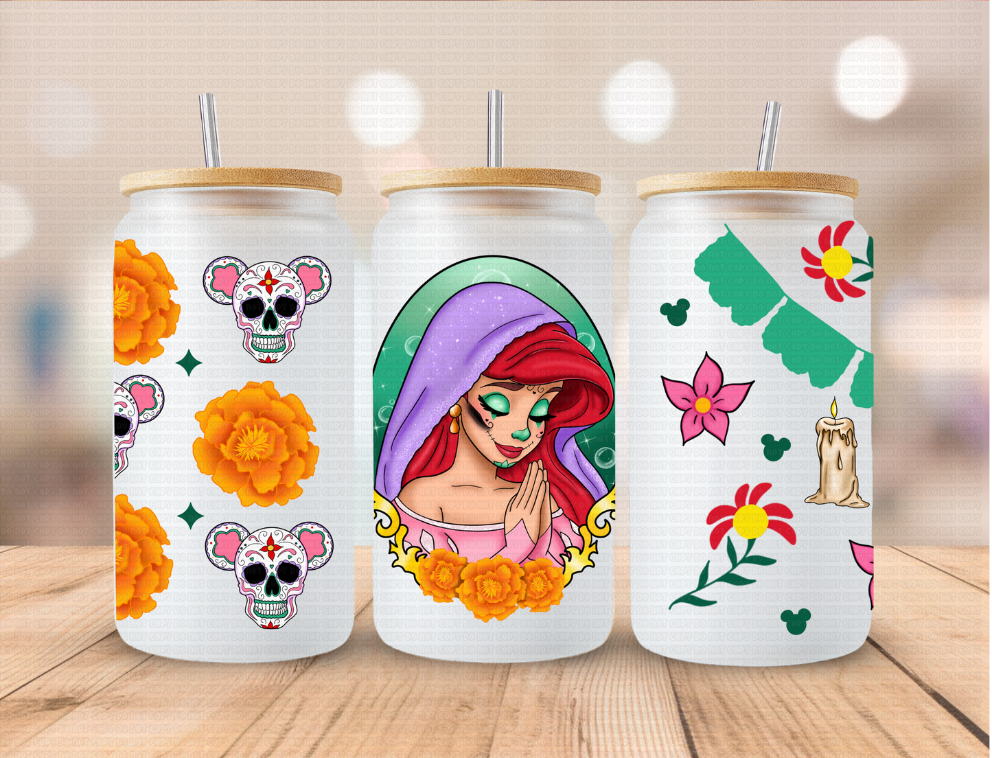 Day Of Dead Mermaid Princess - 16 oz / 20 oz Libby UV DTF Wrap