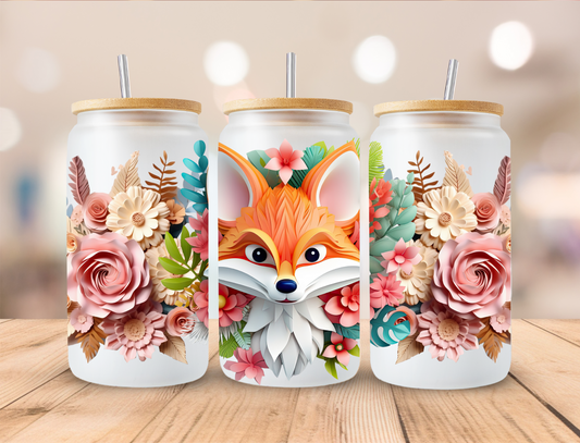 3D Floral Fox - 16 oz / 20 oz Libby UV DTF Wrap