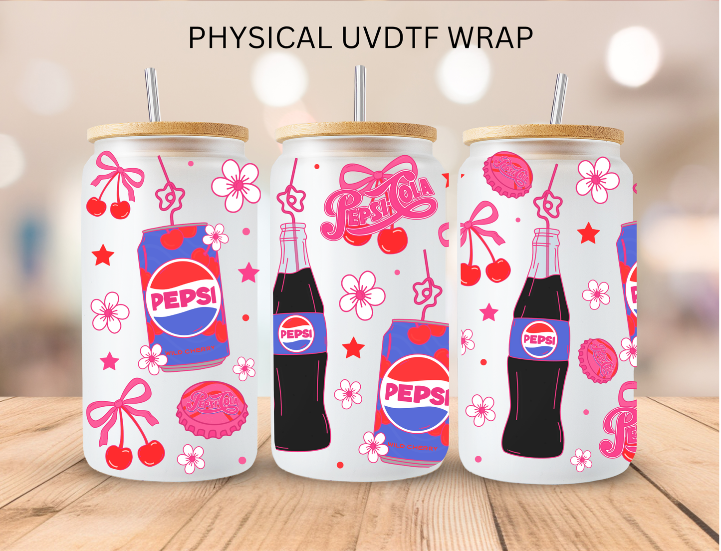 Floral Cherry Pepsi - 16 oz / 20 oz Libby UV DTF Wrap