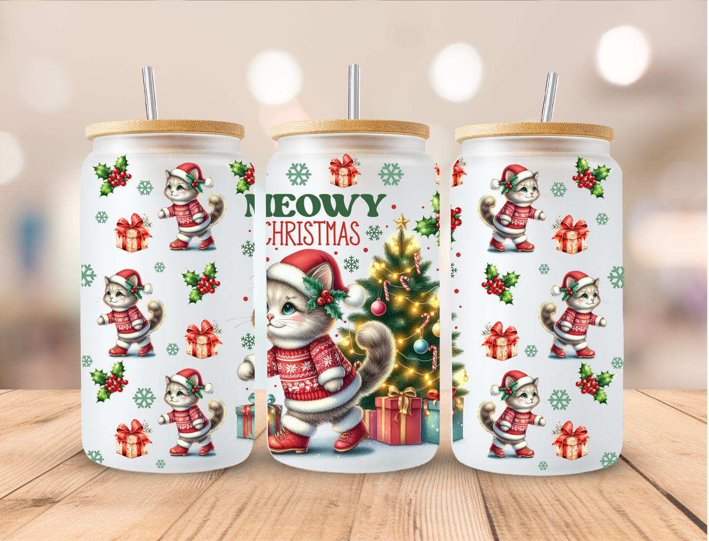 Christmas Meowy Christmas - 16 oz / 20 oz Libby UV DTF Wrap