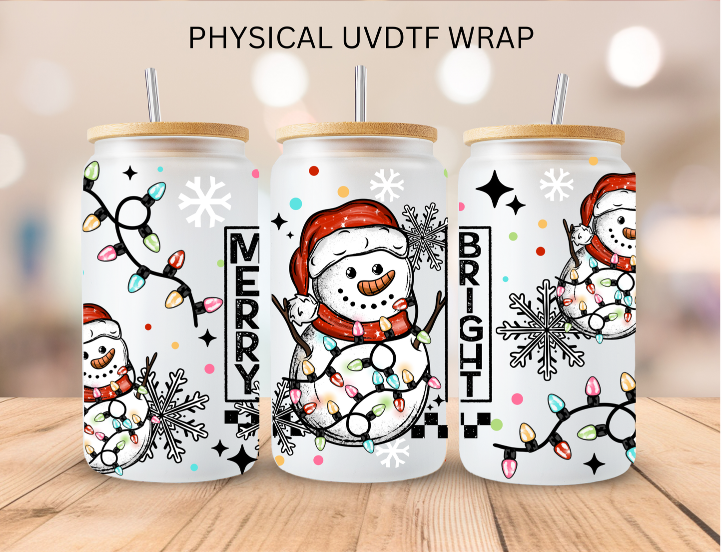 Merry Bright Christmas Snowman - 16 oz / 20 oz Libby UV DTF Wrap