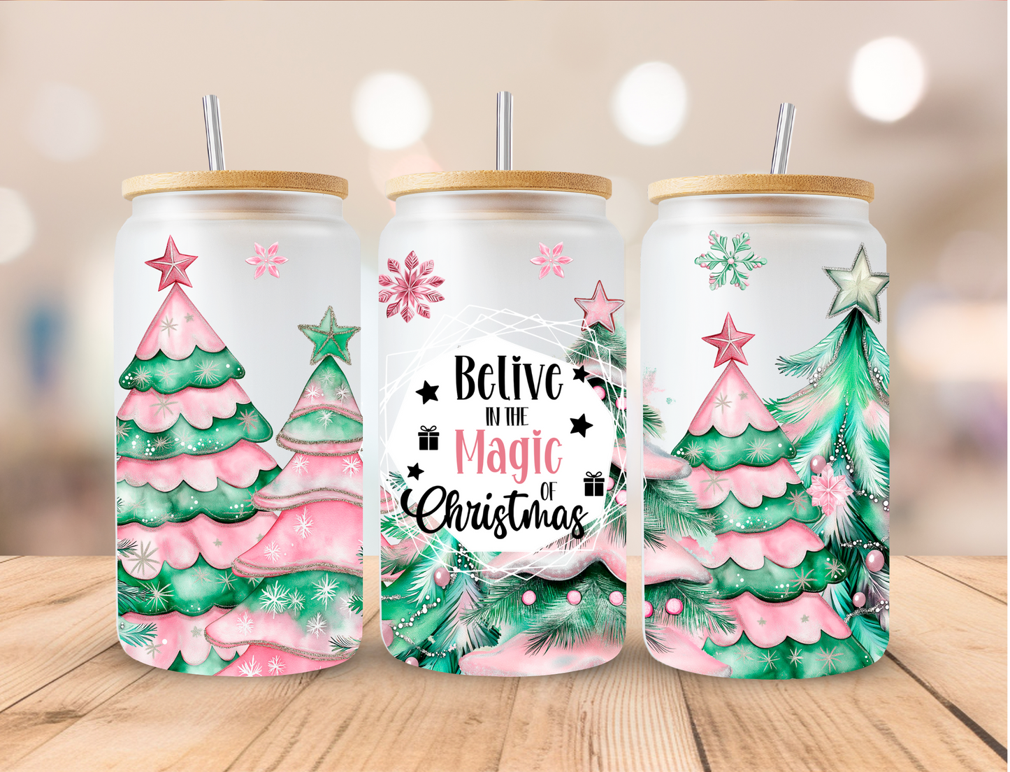 Christmas Pink N Teal Believe In The Magic - 16 oz / 20 oz Libby UV DTF Wrap