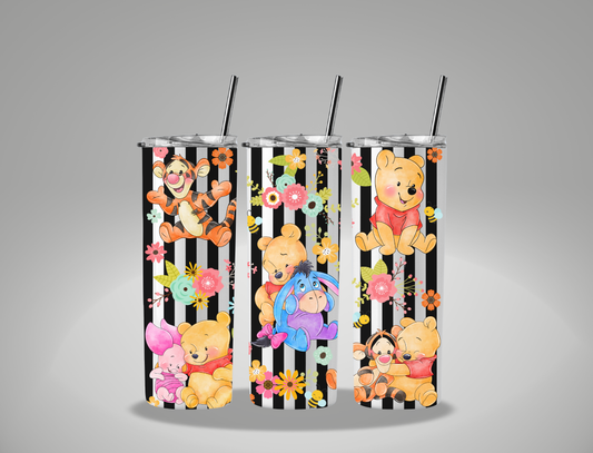Stripped Floral Bear And Friends - 20oz Skinny Tumbler / 25 Oz Glass Tumbler Wrap