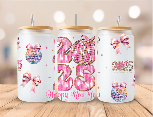 Pink 2025 New Year Disco Ball - 16 oz / 20 oz Libby UV DTF Wrap