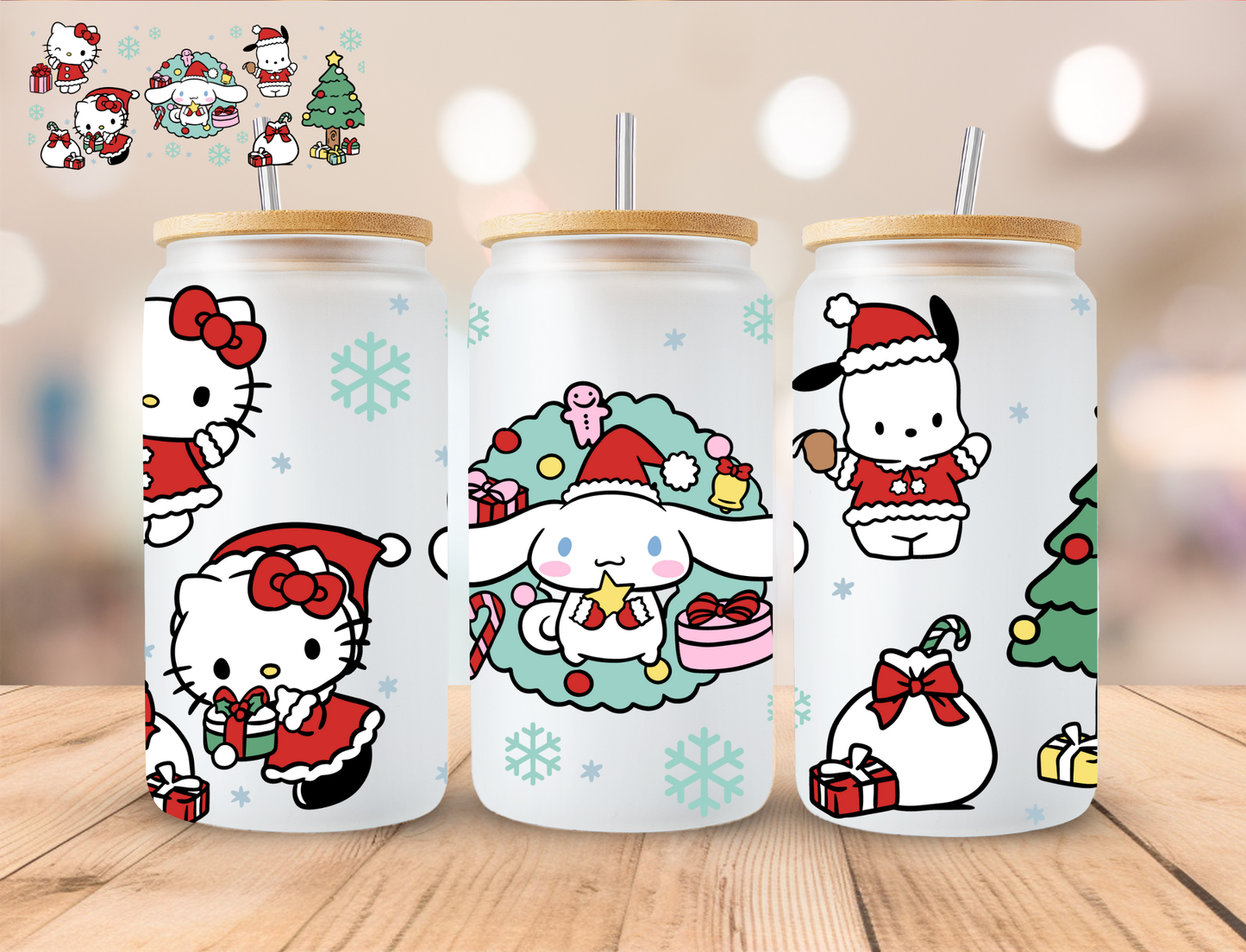 Kitty And Friends Christmas - 16 oz / 20 oz Libby UV DTF Wrap