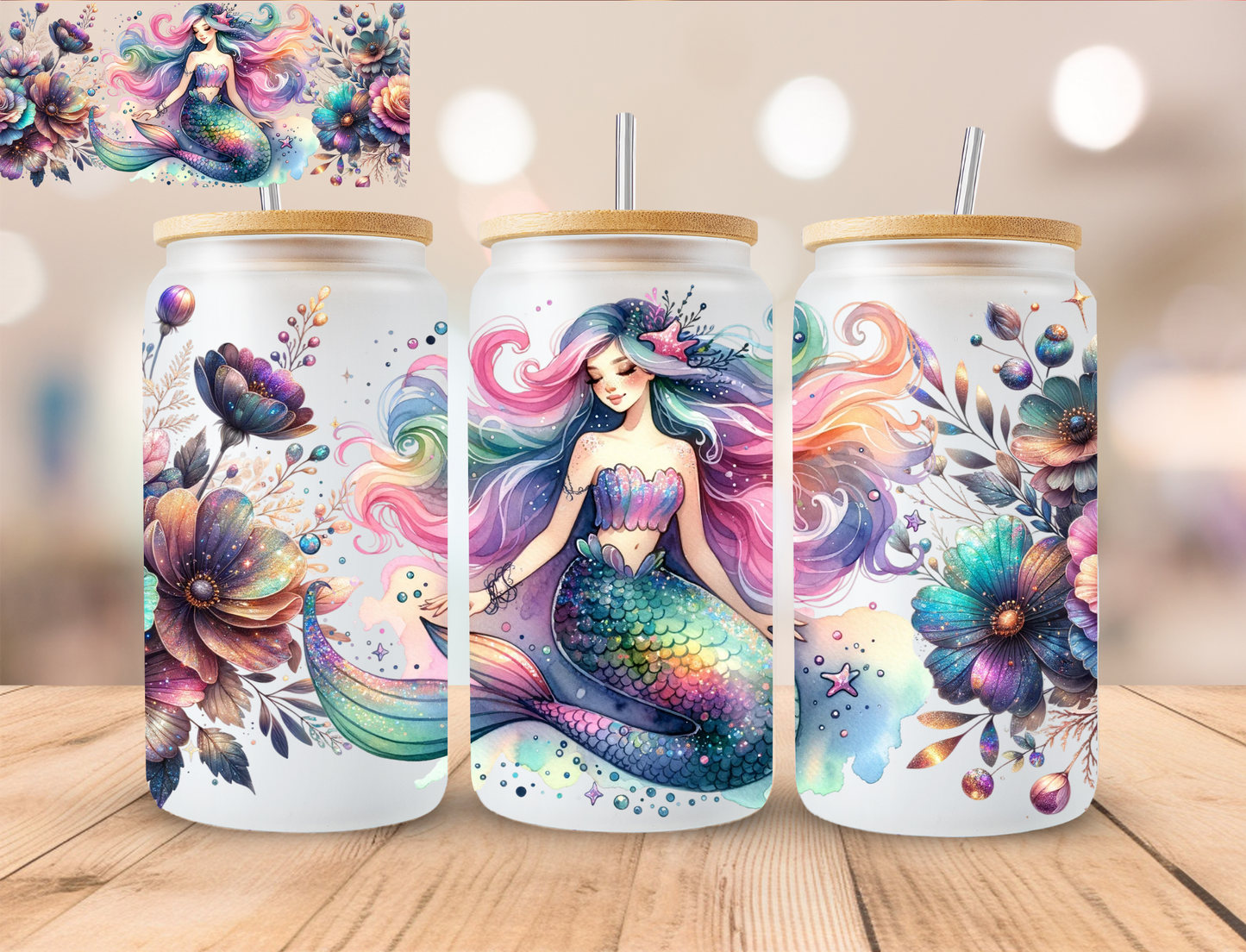 Watercolor Pastel Mermaid - 16 oz / 20 oz Libby UV DTF Wrap