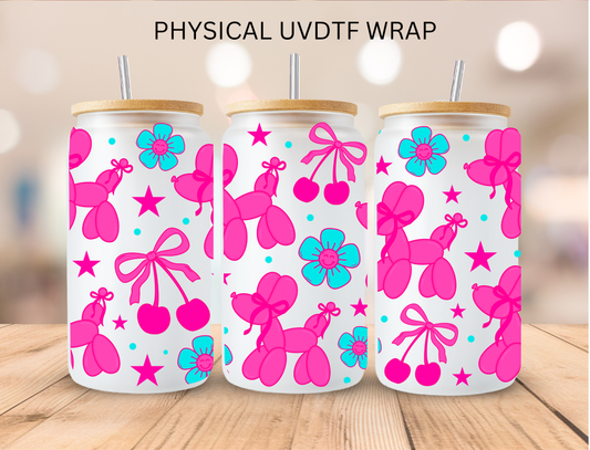 Pink Floral Cherry Balloon Animals - 16 oz / 20 oz Libby UV DTF Wrap