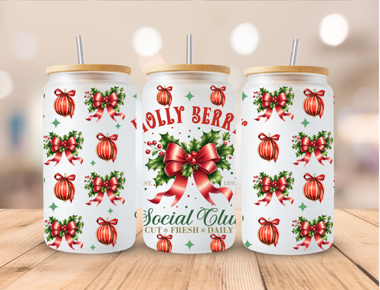 Christmas Holly berry Social Club - 16 oz / 20 oz Libby UV DTF Wrap