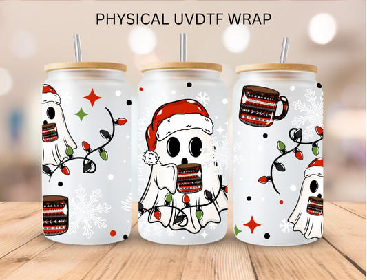 Christmas Ghost Drinking Hot Cocoa - 16 oz / 20 oz Libby UV DTF Wrap