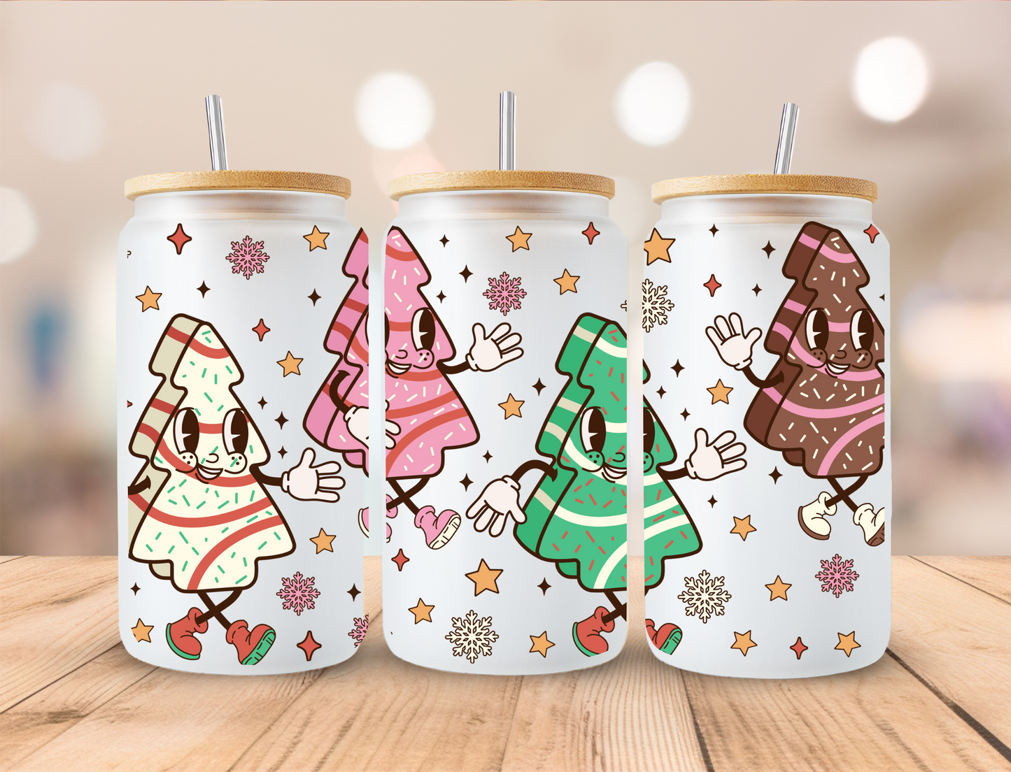 Christmas Cartoon Trees - 16oz Libby UV DTF Wrap