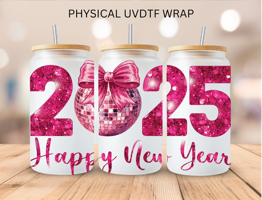 Pink Happy New Year 2025 - 16 oz / 20 oz Libby UV DTF Wrap