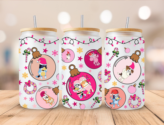 Pink Christmas Dog Ornaments - 16oz Libby UV DTF Wrap