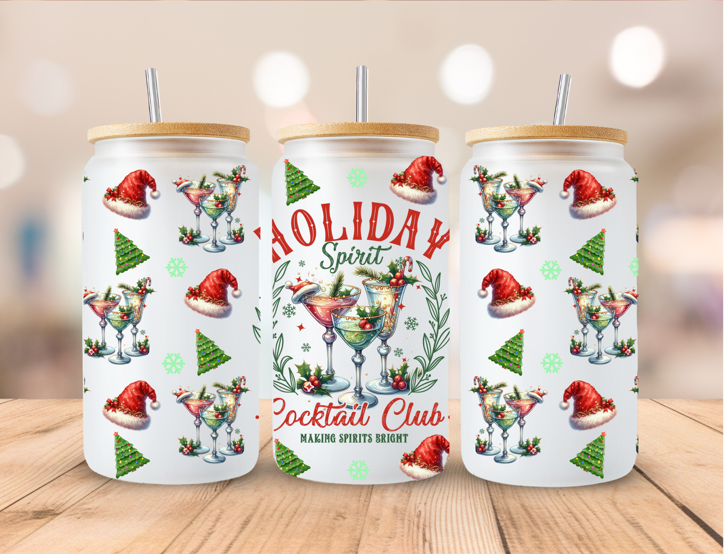 Christmas Holiday Spirit Cocktail Club - 16 oz / 20 oz Libby UV DTF Wrap
