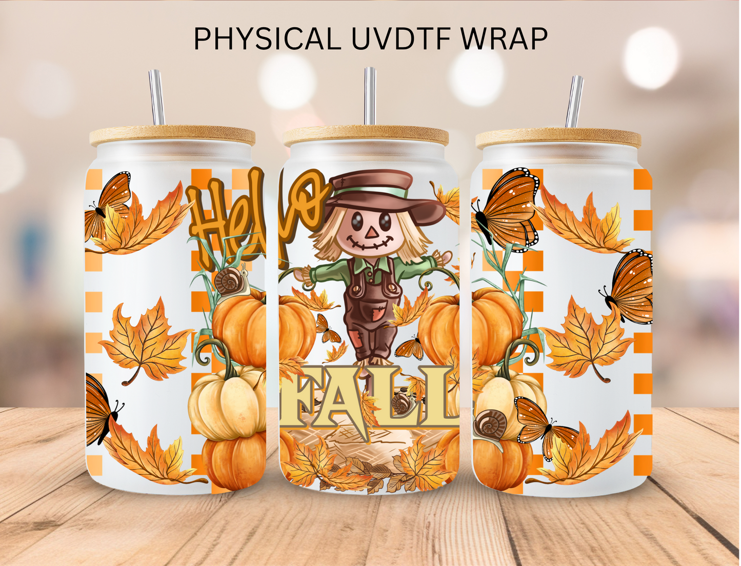 Fall Scarecrow And Pumpkins - 16 oz / 20 oz Libby UV DTF Wrap
