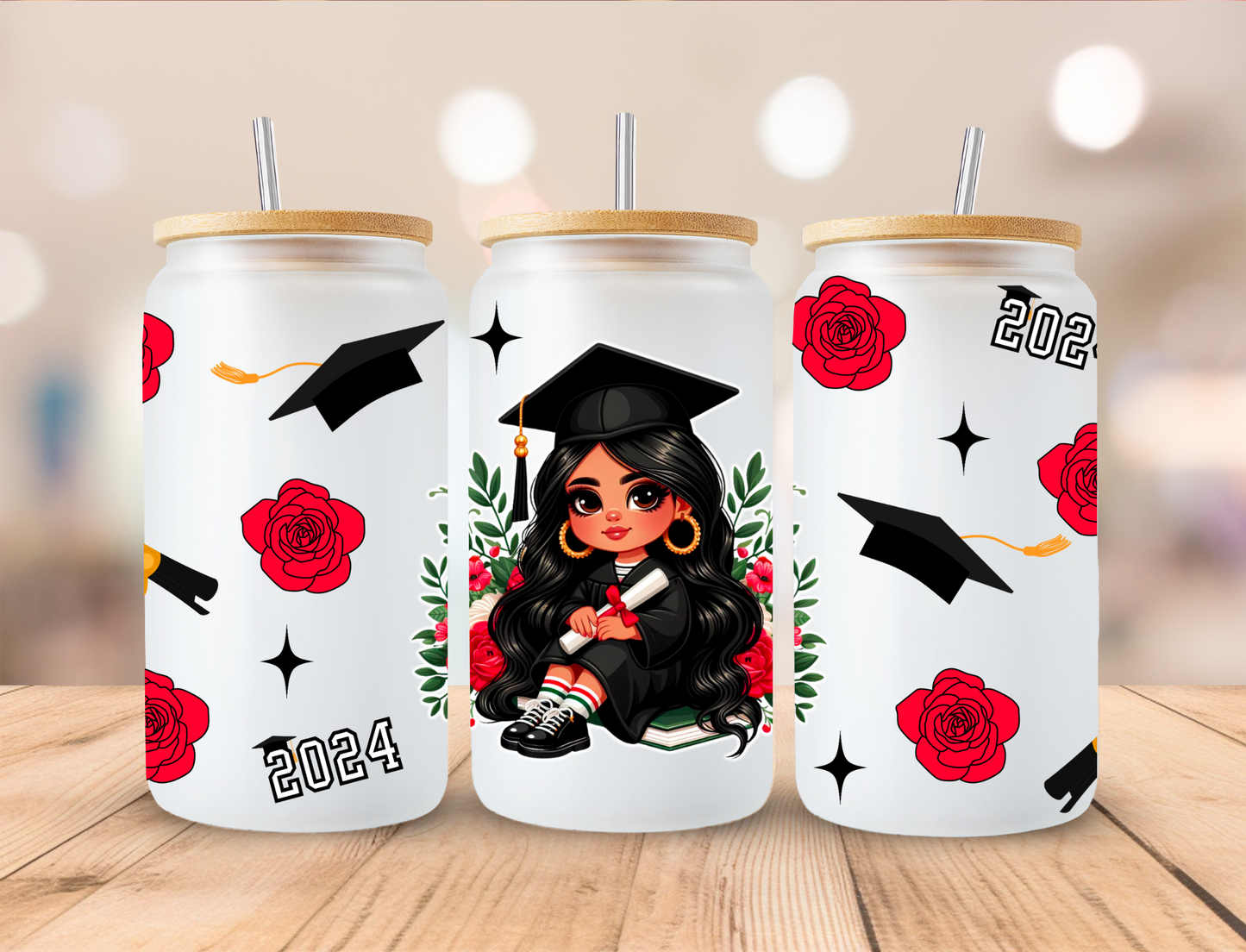 Chicano Red Roses Graduate Graduation Wrap - 16 oz / 20 oz Libby UV DTF Wrap