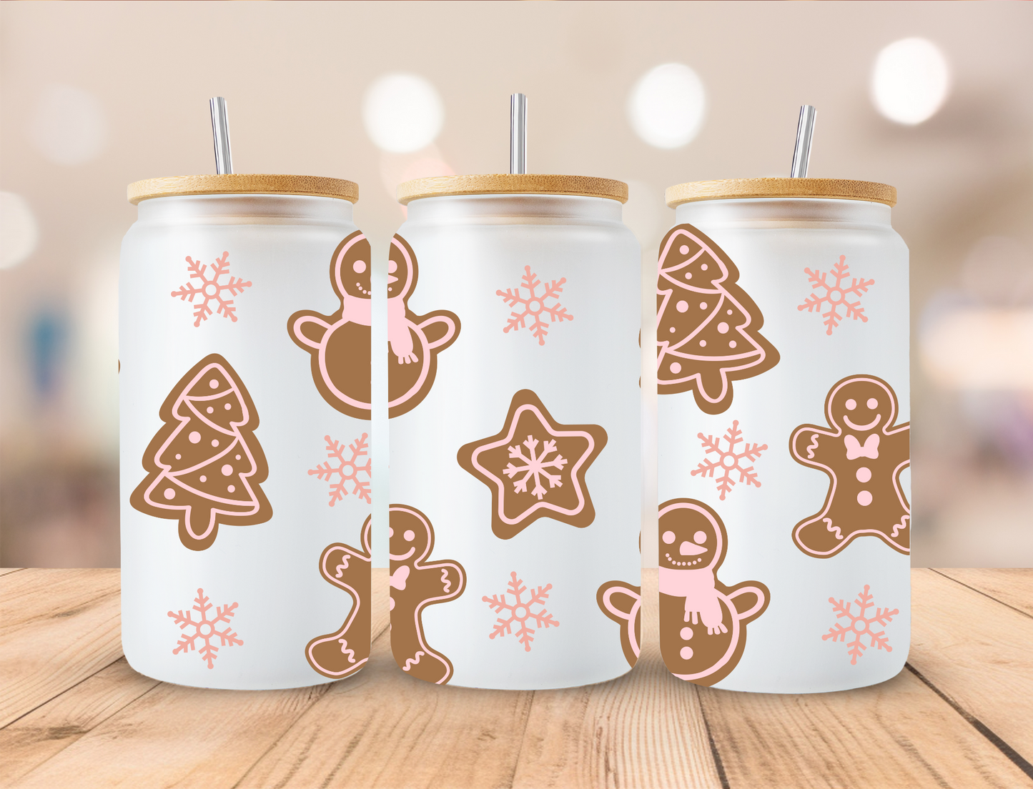 Christmas Pink Gingerbread - 16oz Libby UV DTF Wrap