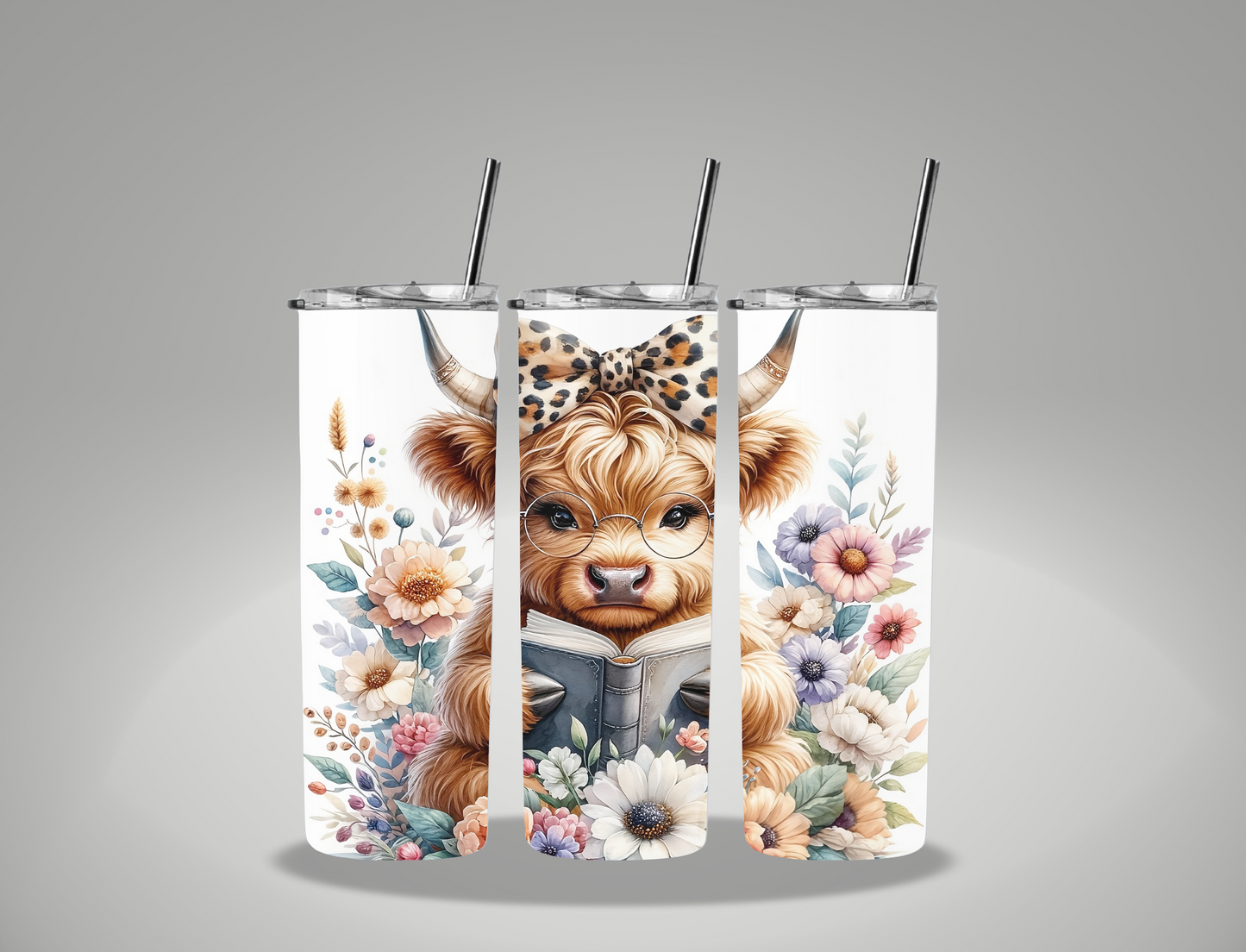 Floral Cow Reading A Book - 20oz Skinny Tumbler Wrap