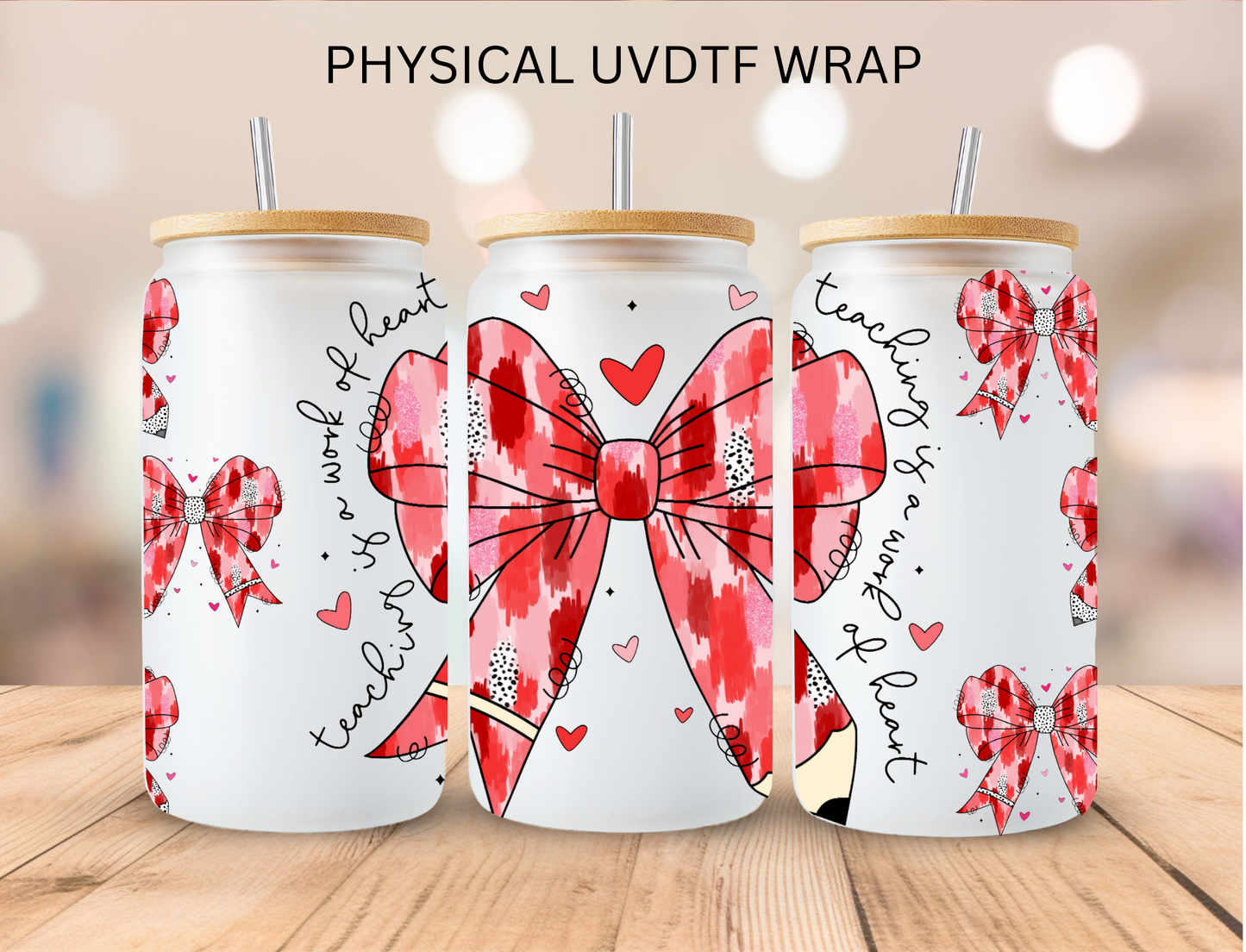 Valentines Brushstroke School Pencil Bow - 16 oz / 20 oz Libby UV DTF Wrap