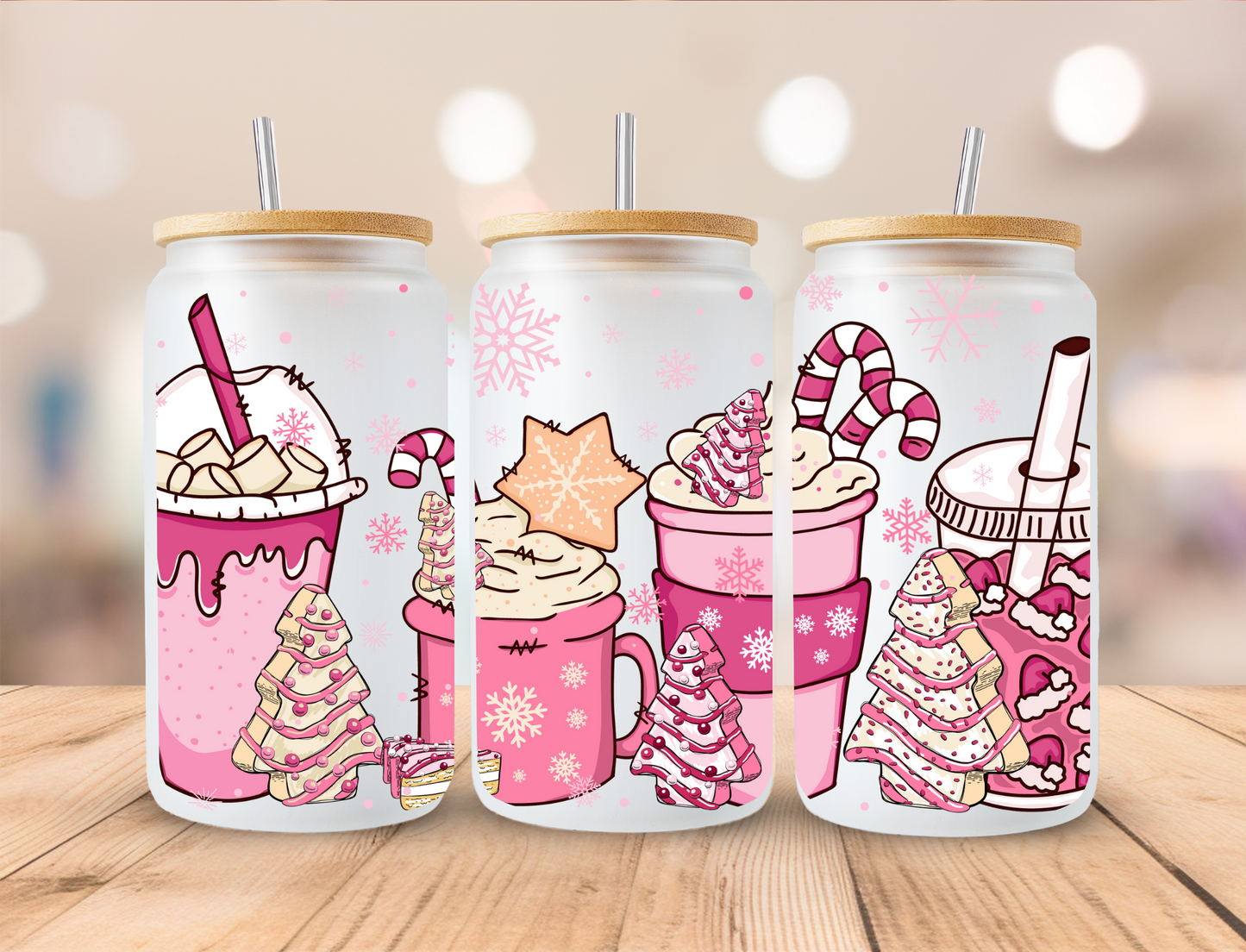 Pink Christmas Coffee - 16oz Libby UV DTF Wrap RTS