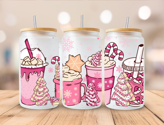 Pink Christmas Coffee - 16oz Libby UV DTF Wrap RTS