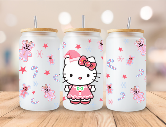 Christmas Pink Kitty - 16oz Libby UV DTF Wrap