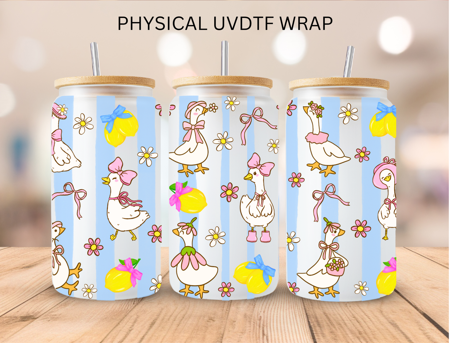 Floral Stripped Lemon Geese - 16 oz / 20 oz Libby UV DTF Wrap