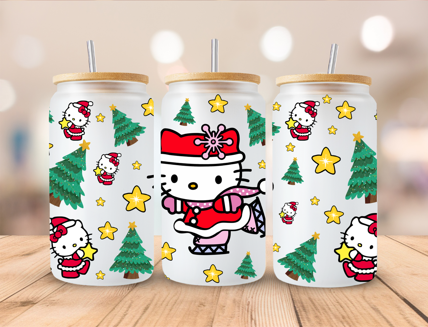 Christmas Skating Kitty- 16oz Libby UV DTF Wrap