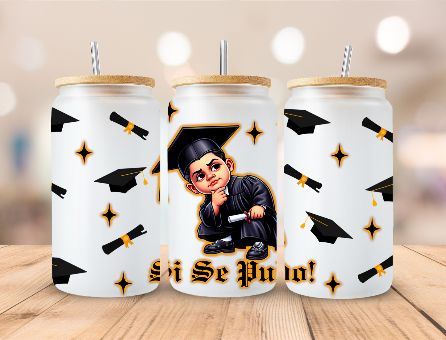 Gold Si Se Pudo Chicano Boy Graduate Graduation Wrap - 16 oz / 20 oz Libby UV DTF Wrap