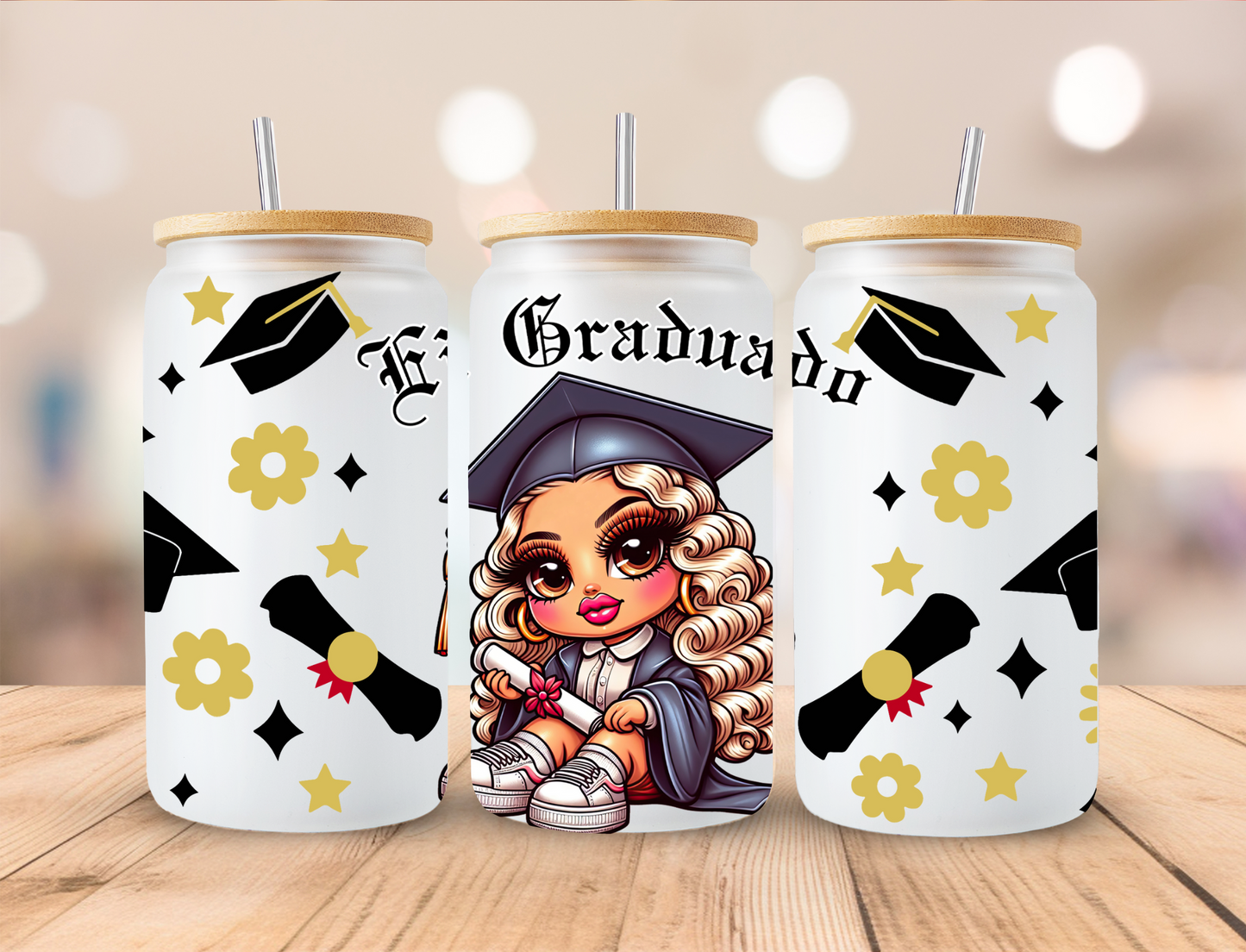 El Graduado Curly Blonde Chicano Graduate Graduation Wrap - 16 oz / 20 oz Libby UV DTF Wrap