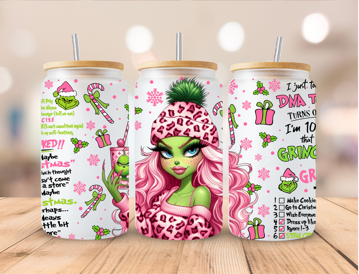 Christmas Pink Girly Grinch - 16 oz / 20 oz Libby UV DTF Wrap