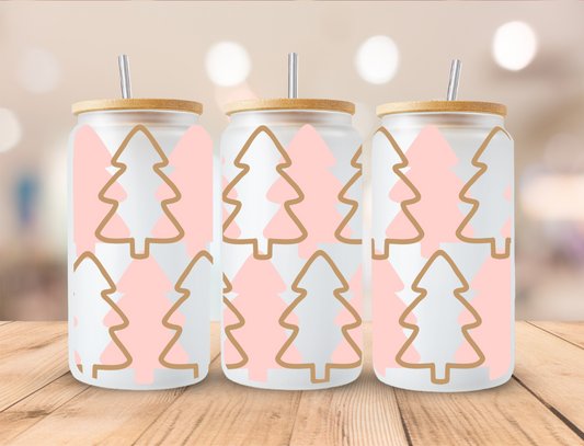 Pink And Gold Christmas Tree - 16oz Libby UV DTF Wrap