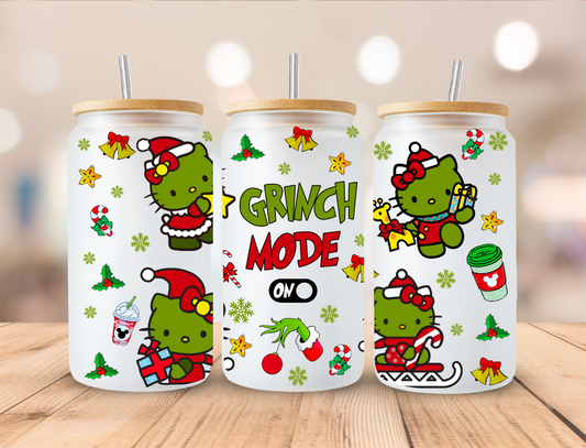 Christmas Mean Green Kitty Mode On - 16oz Libby UV DTF Wrap
