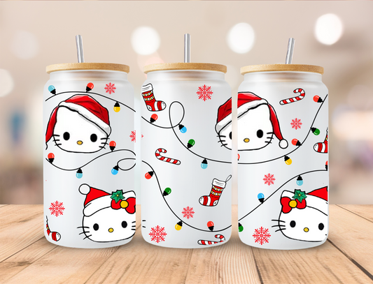Christmas Lights Kitty - 16oz Libby UV DTF Wrap