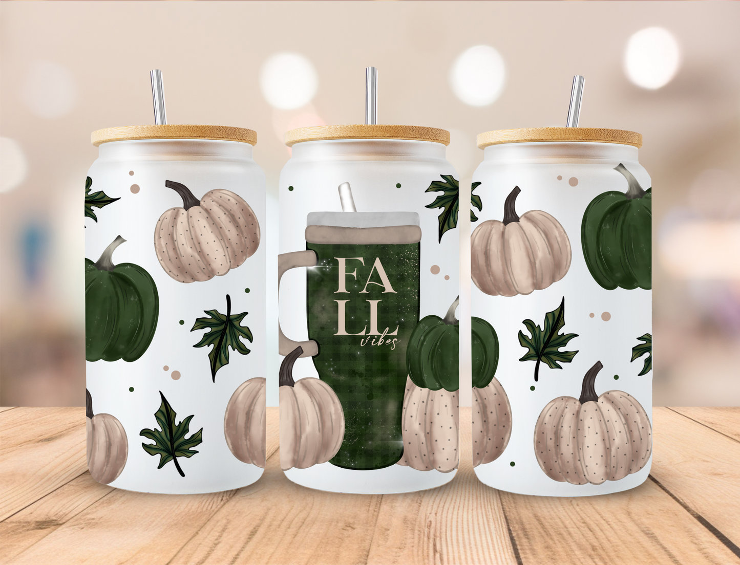 Fall Green Pumpkins - 16oz Libby UV DTF Wrap