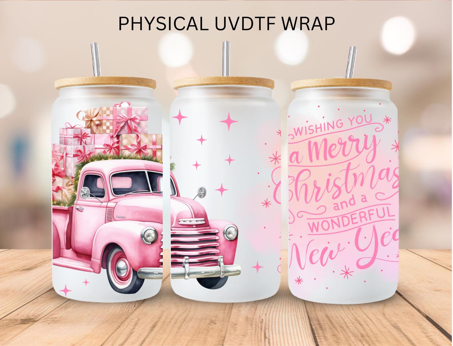 Pink Merry Christmas Truck - 16 oz / 20 oz Libby UV DTF Wrap