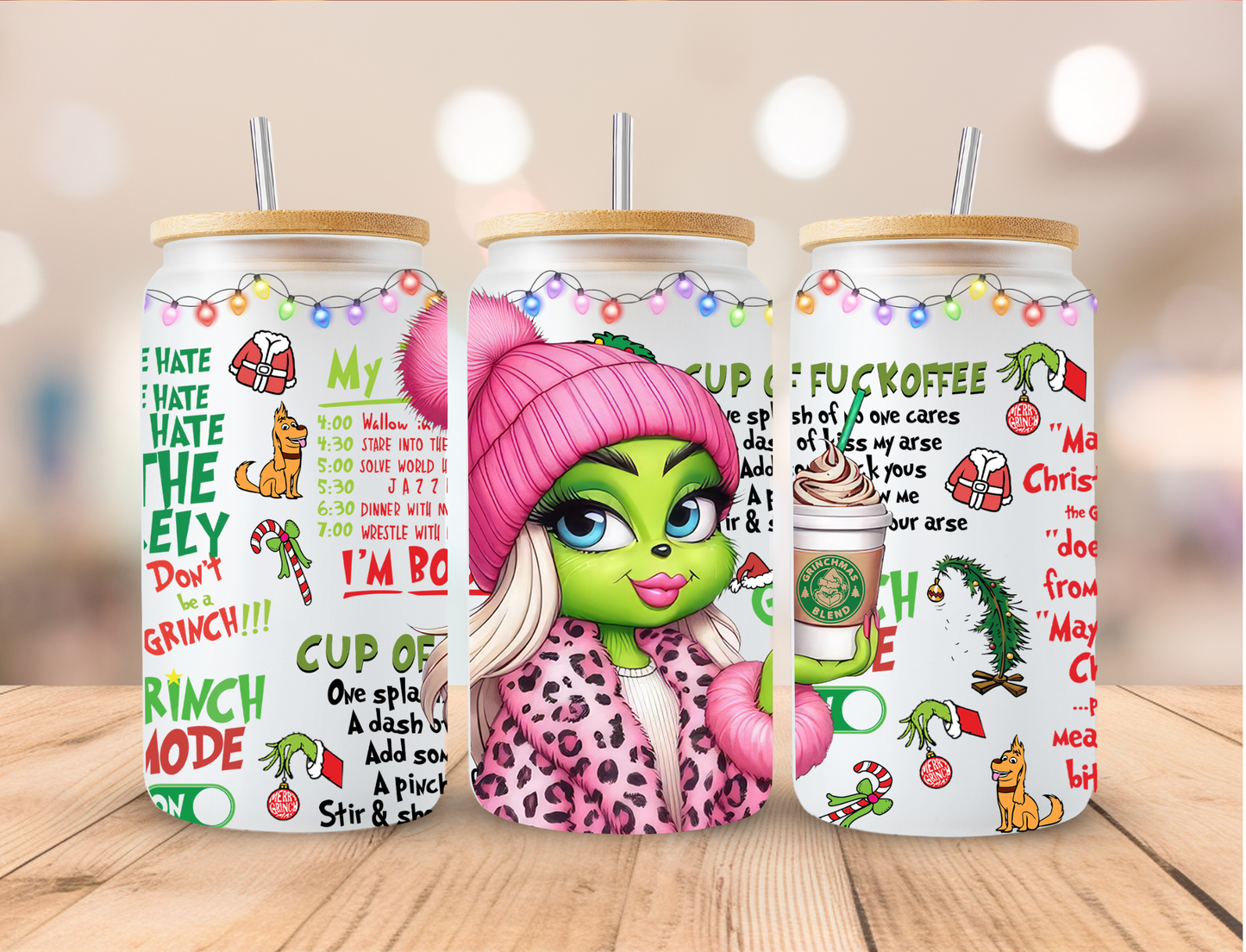 Christmas Pink Girly Grinch Cup Of Coffee - 16 oz / 20 oz Libby UV DTF Wrap