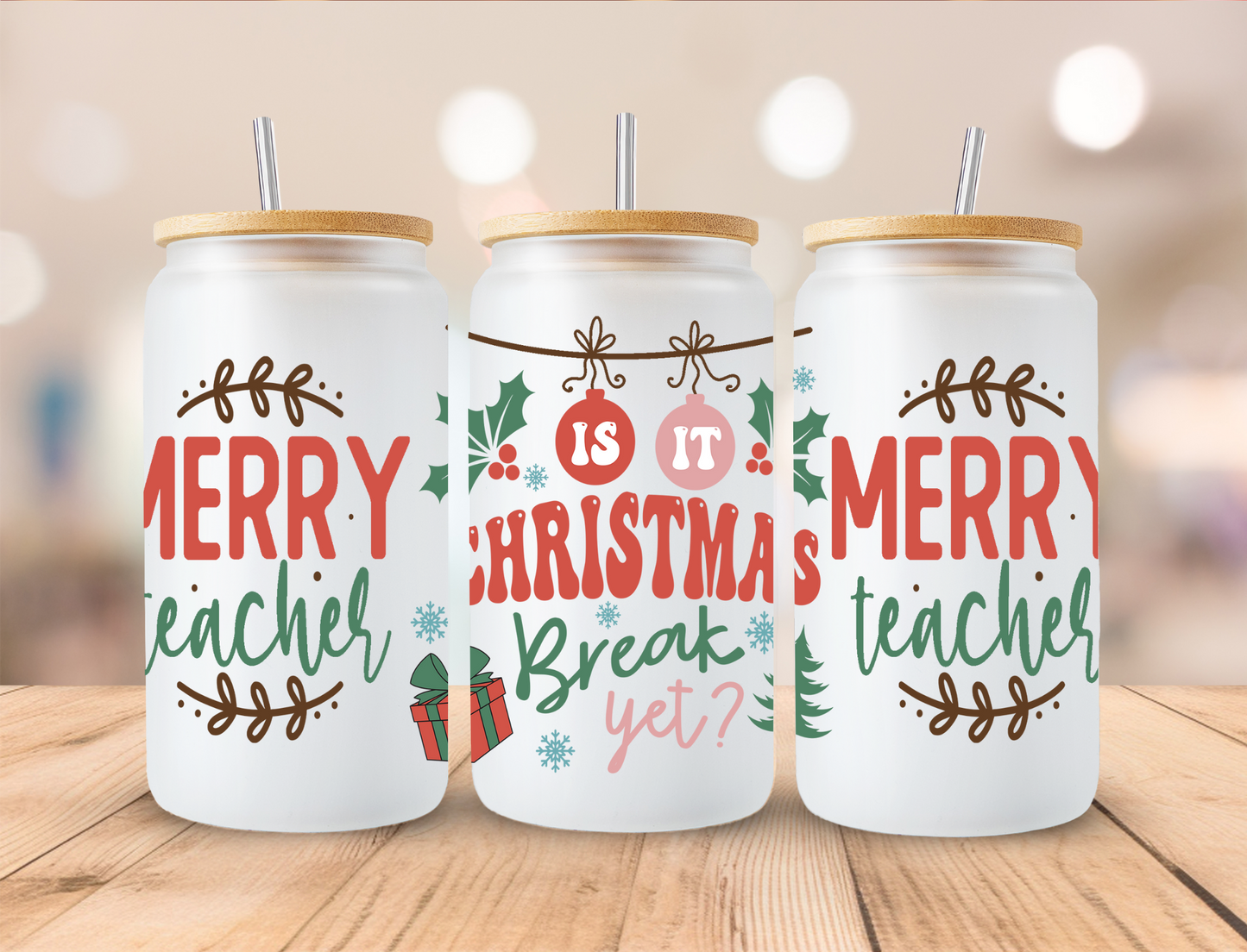 Christmas Merry Teacher- 16oz Libby UV DTF Wrap