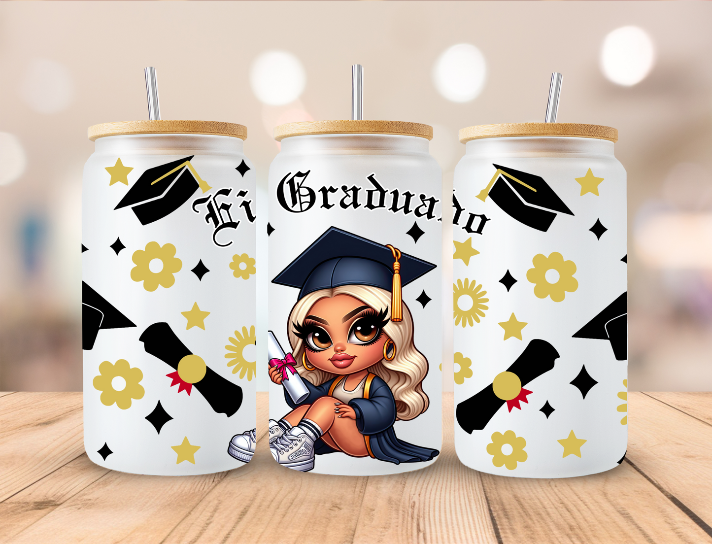 El Graduado Wavy Blonde Chicano Graduate Graduation Wrap - 16 oz / 20 oz Libby UV DTF Wrap