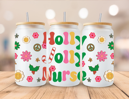 Christmas Holly Jolly Nurse - 16oz Libby UV DTF Wrap