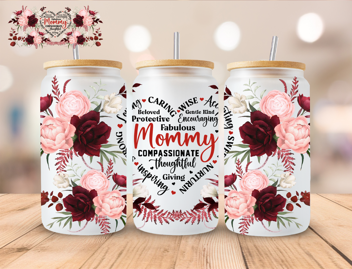 Mommy Floral Heart - 16 oz / 20 oz Libby UV DTF Wrap