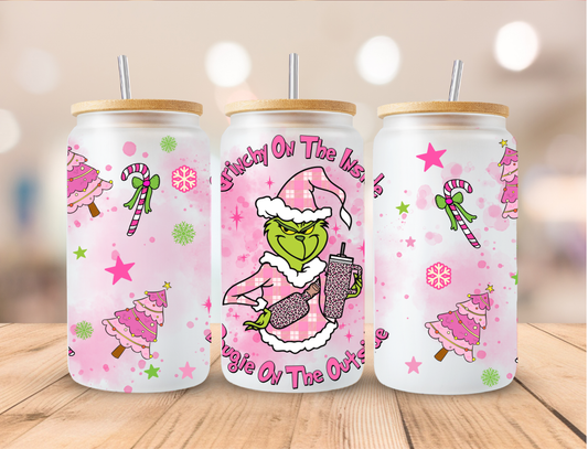 Christmas Pink Grinchy On The Inside - 16 oz / 20 oz Libby UV DTF Wrap