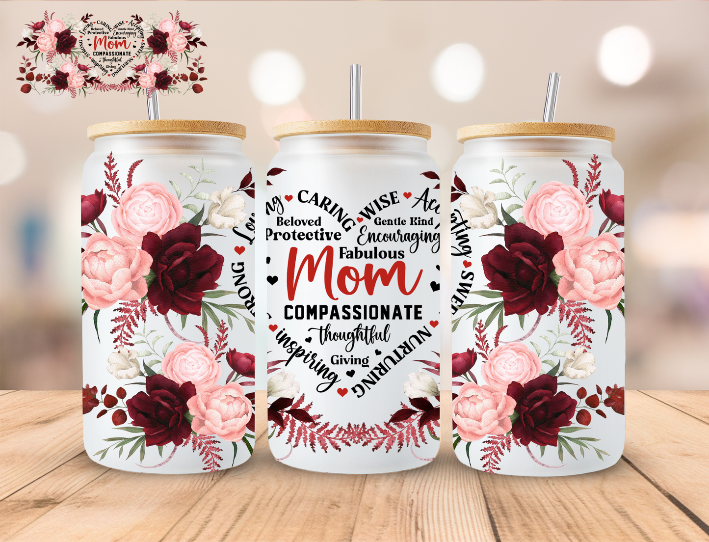 Floral Mom Heart - 16 oz / 20 oz Libby UV DTF Wrap