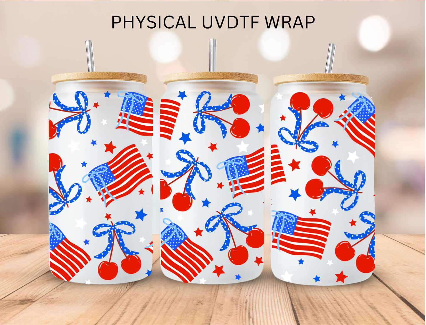 Patriotic Flags And Cherries - 16 oz / 20 oz Libby UV DTF Wrap