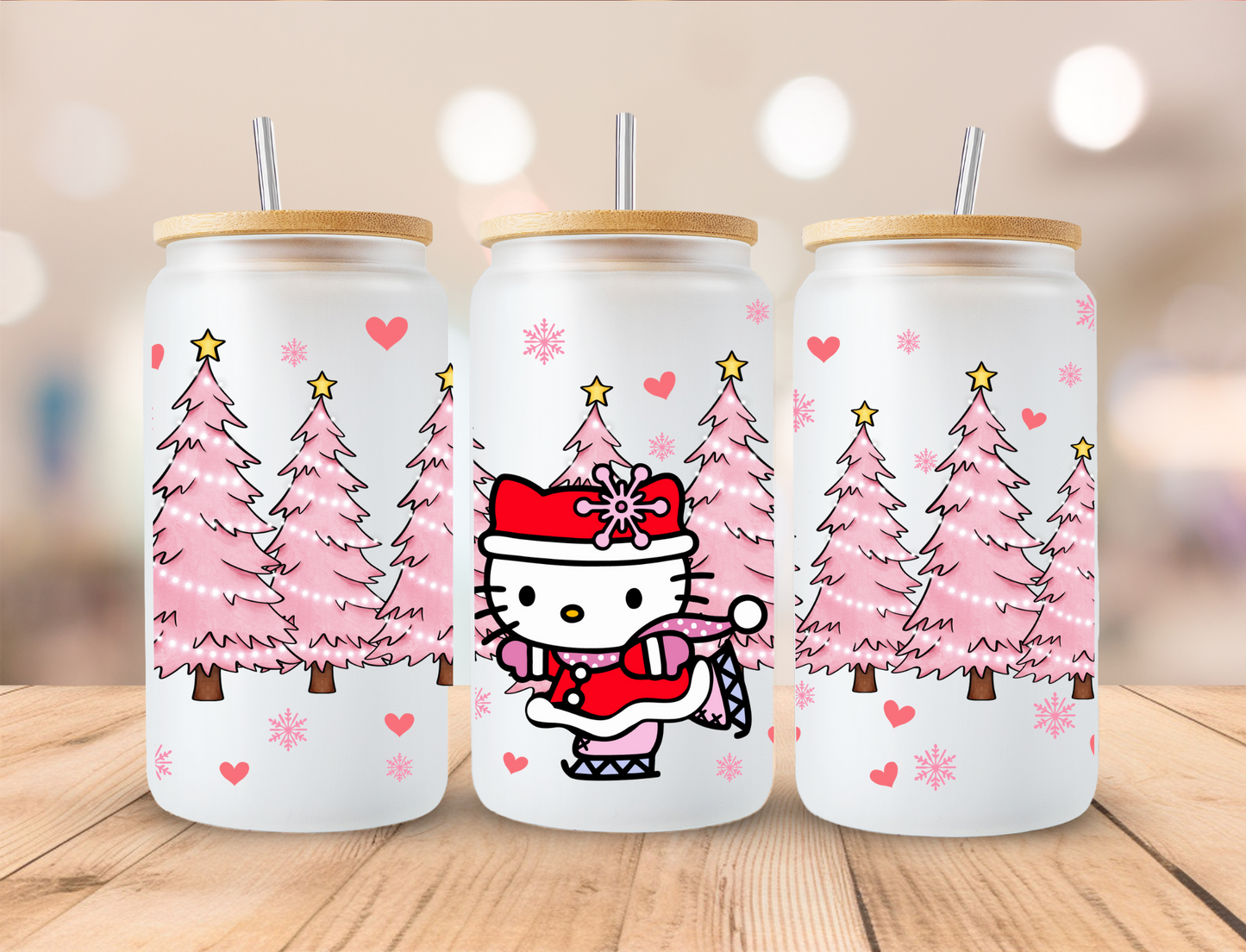 Pink Christmas Skating Kitty - 16oz Libby UV DTF Wrap