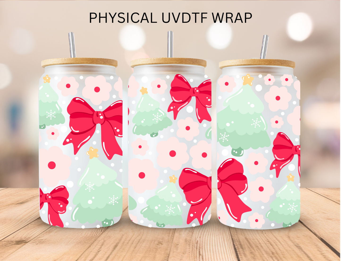 Christmas Watercolor Floral And Trees - 16 oz / 20 oz Libby UV DTF Wrap
