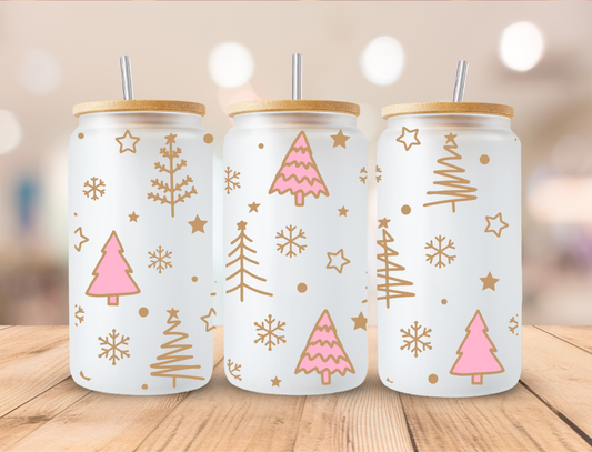 Christmas Pink Tree And Snowflakes - 16oz Libby UV DTF Wrap