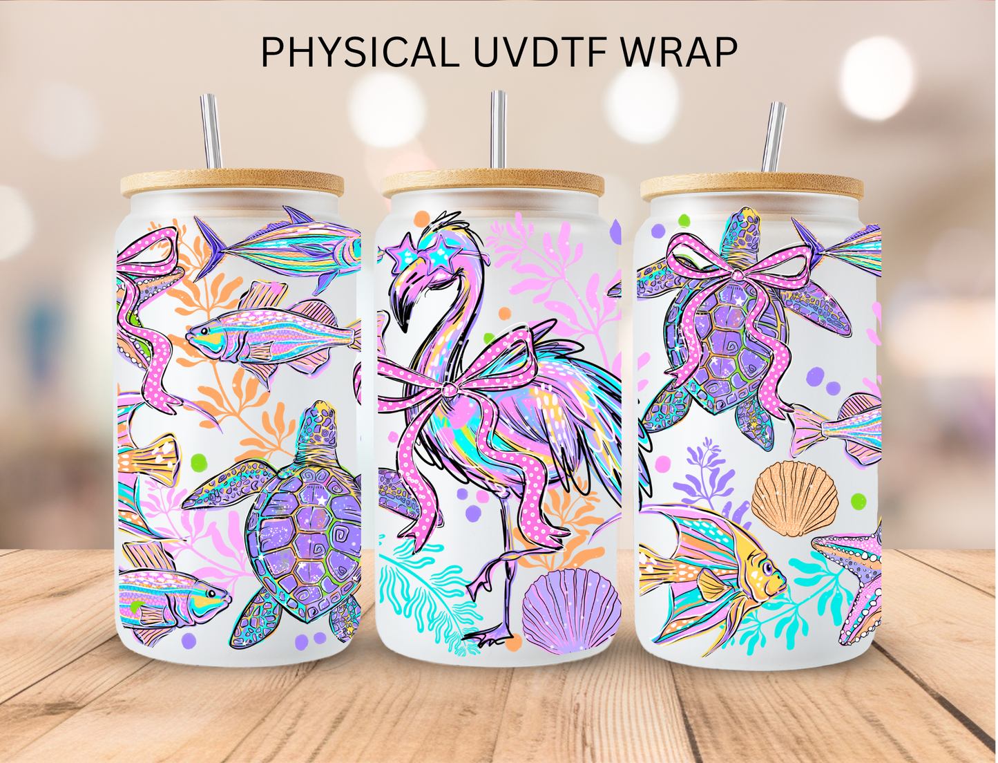 Purple Flamingo And Animals - 16 oz / 20 oz Libby UV DTF Wrap