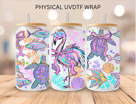 Purple Flamingo And Animals - 16 oz / 20 oz Libby UV DTF Wrap
